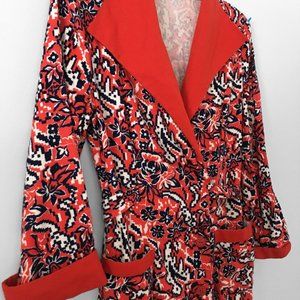 60s Vintage Flannel Wrap BATHROBE with Digital Look Floral Print in Red & Navy
